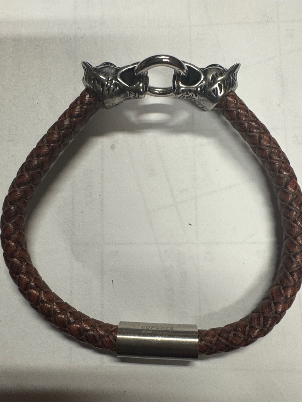 Braided Brown Leather Men's Bracelet with Silver-Tone Wolf Clasp
